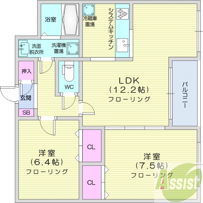 2LDK、システムキッチン、エレベーター、独立洗面台