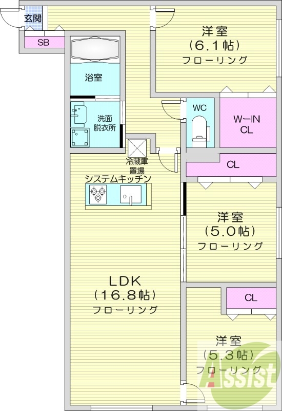 3LDK、都市ガス、エアコン、システムキッチン、追い焚き