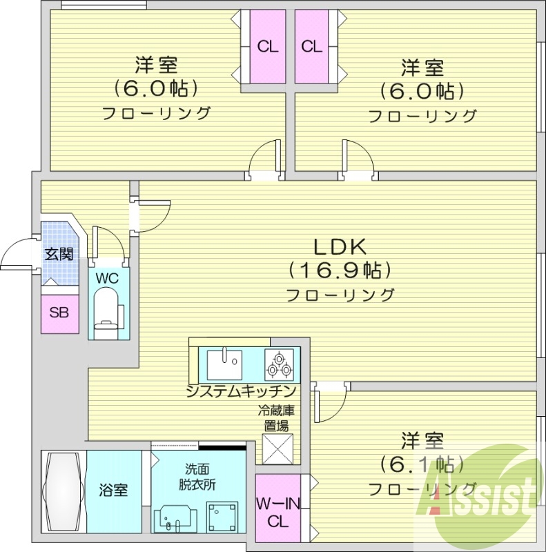 3LDK、都市ガス、エアコン、システムキッチン、追い焚き