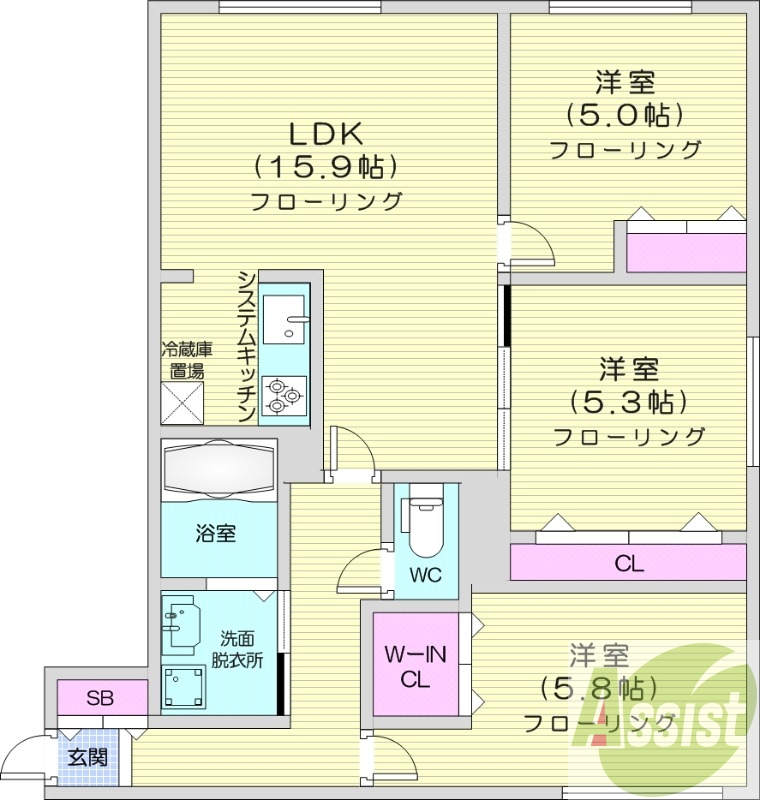 3LDK、都市ガス、エアコン、システムキッチン、追い焚き