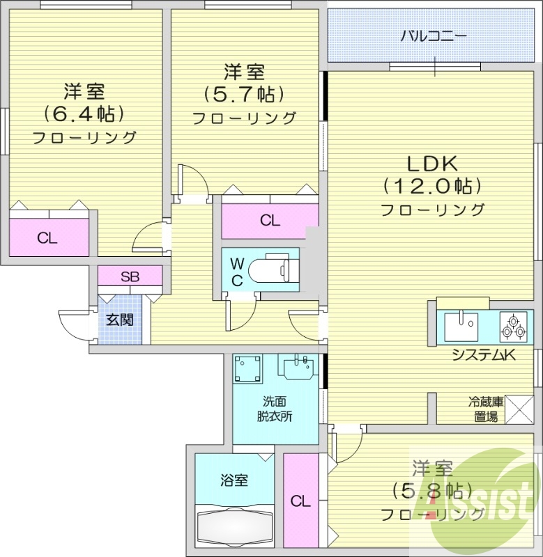 3LDK、エアコン、灯油暖房、システムキッチン