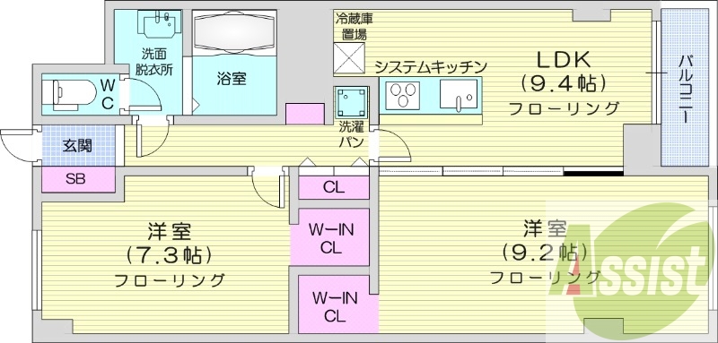 2DK、バストイレ別、シャンプードレッサー