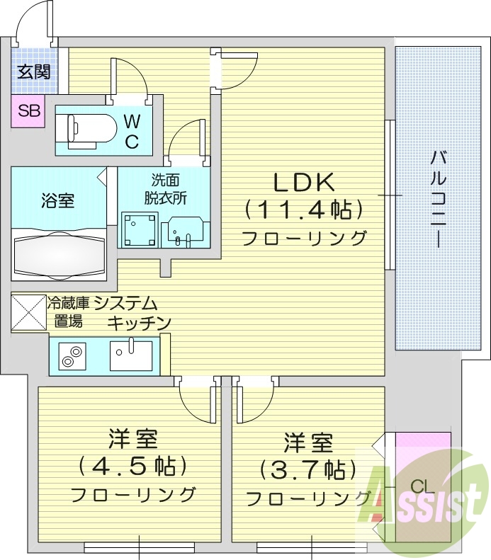 2LDK、都市ガス、モニター付きインターホン