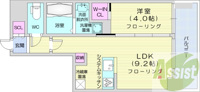 1LDK、ウォークインクローゼット、バルコニー、システムK
