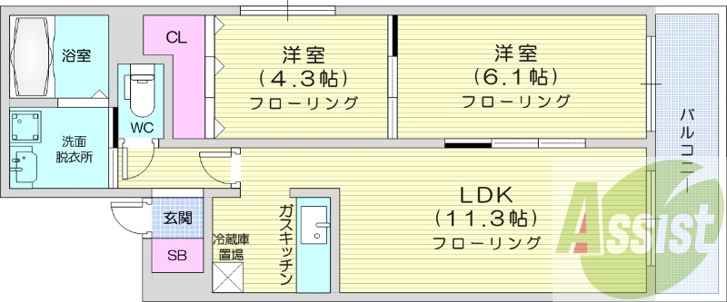 2LDK、バストイレ別、シューズボックス