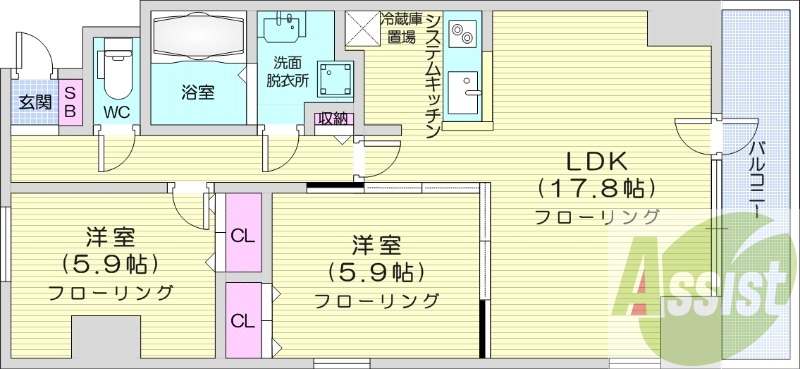 2LDK、システムキッチン、都市ガス、エレベーター