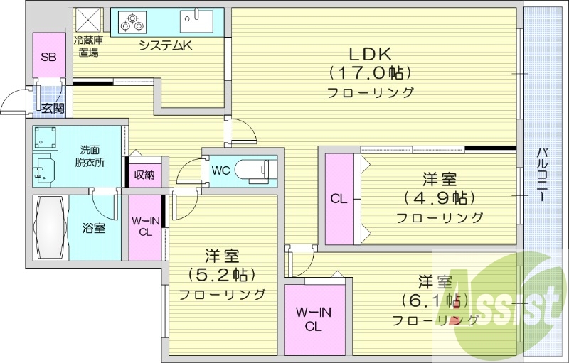 3LDK、エアコン、独立洗面台、システムキッチン