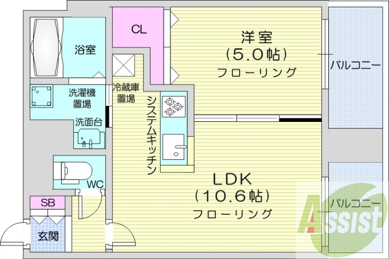1LDK、都市ガス、エアコン、システムキッチン、