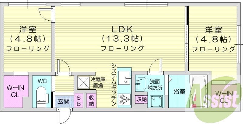 2LDK、エアコン、システムキッチン、ガスリミット制