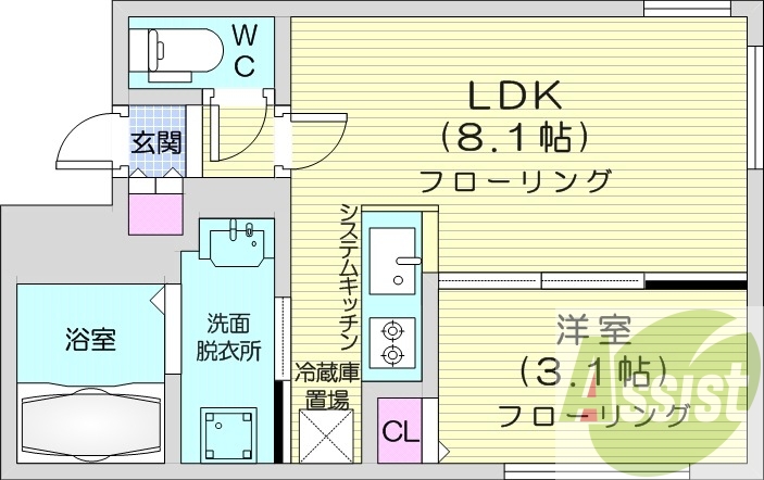 1LDK、都市ガス、エアコン、システムキッチン
