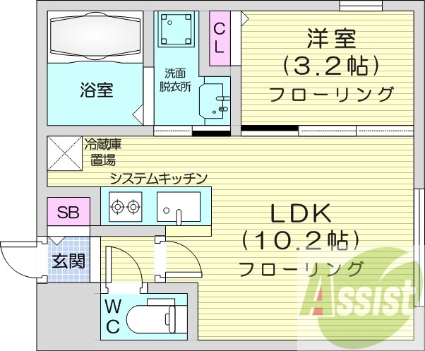 1LDK、都市ガス、エアコン、システムキッチン