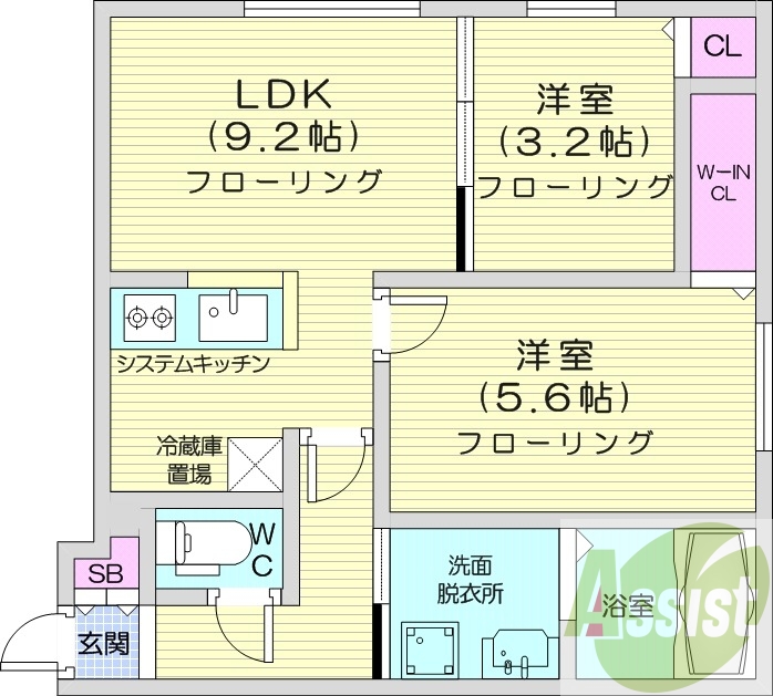 2LDK、都市ガス、エアコン、システムキッチン