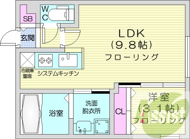 1LDK、都市ガス、エアコン、システムキッチン