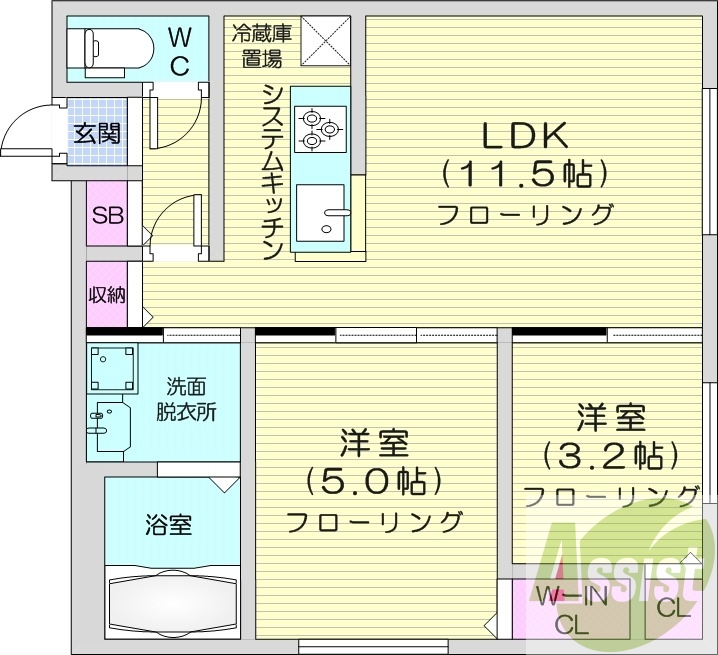 2LDK、都市ガス、エアコン、システムキッチン