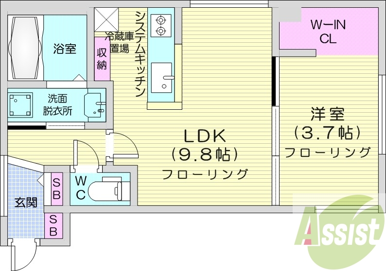 1LDK、エアコン、システムキッチン、ネット無料
