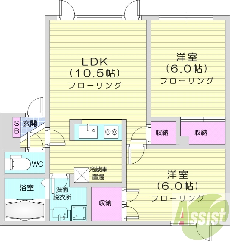 2LDK、独立洗面台、モニターホン、シャワートイレ
