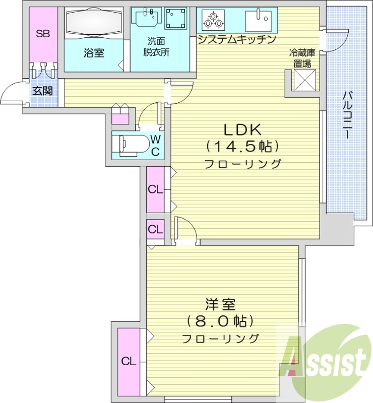 1LDK、都市ガス、オートロック、システムキッチン