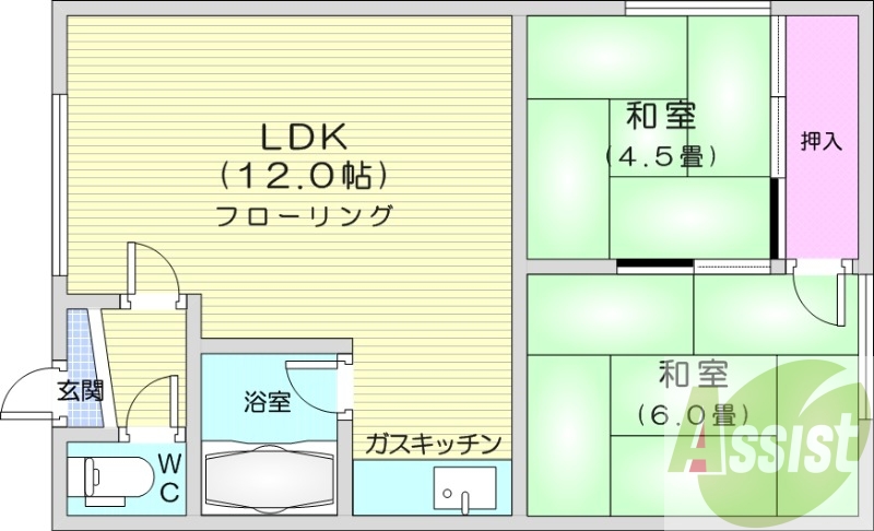 2LDK、灯油暖房、風呂トイレ別、トランクルーム
