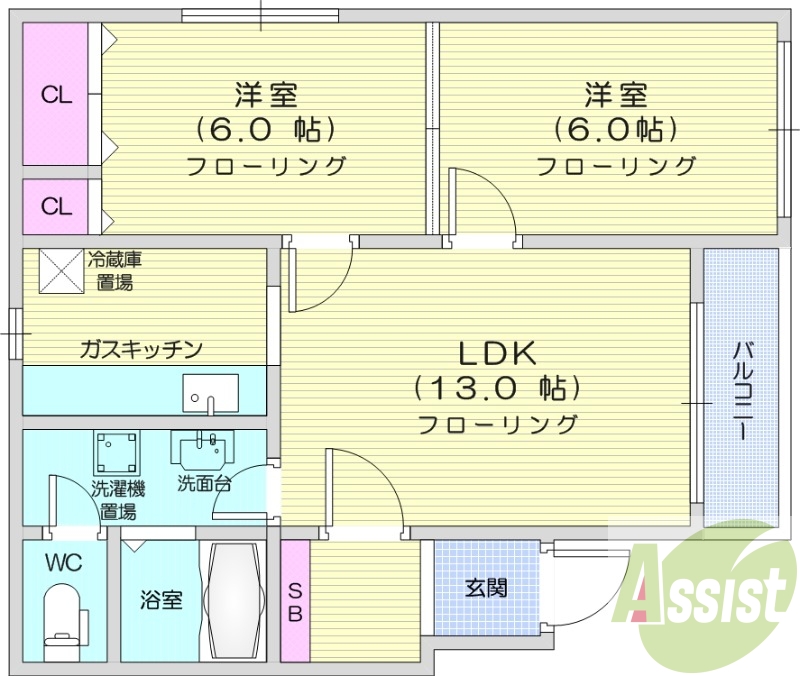 2LDK、天然ガス、エアコン、独立洗面台、光回線