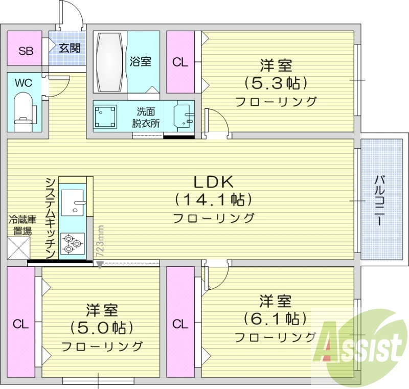 3LDK、追い焚き、都市ガス、システムキッチン