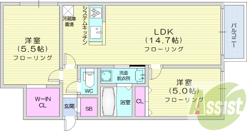 2LDK、追い焚き、都市ガス、システムキッチン