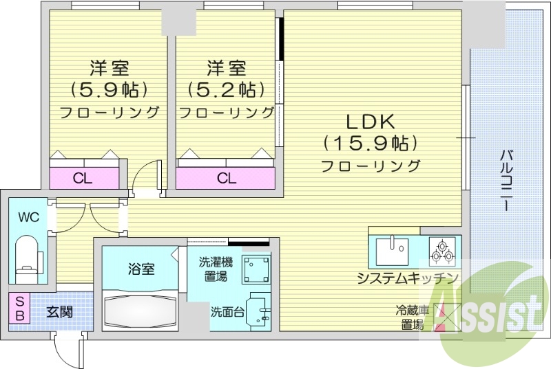 2LDK、都市ガス、ペット可、エアコン、追い焚き、