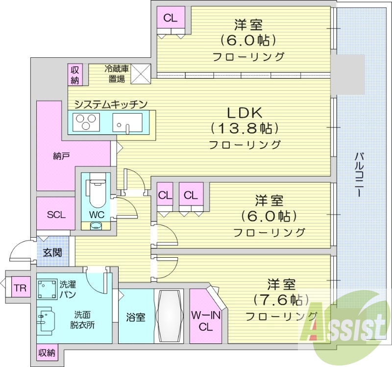 3LDK、システムキッチン、シャワートイレ、追い焚き