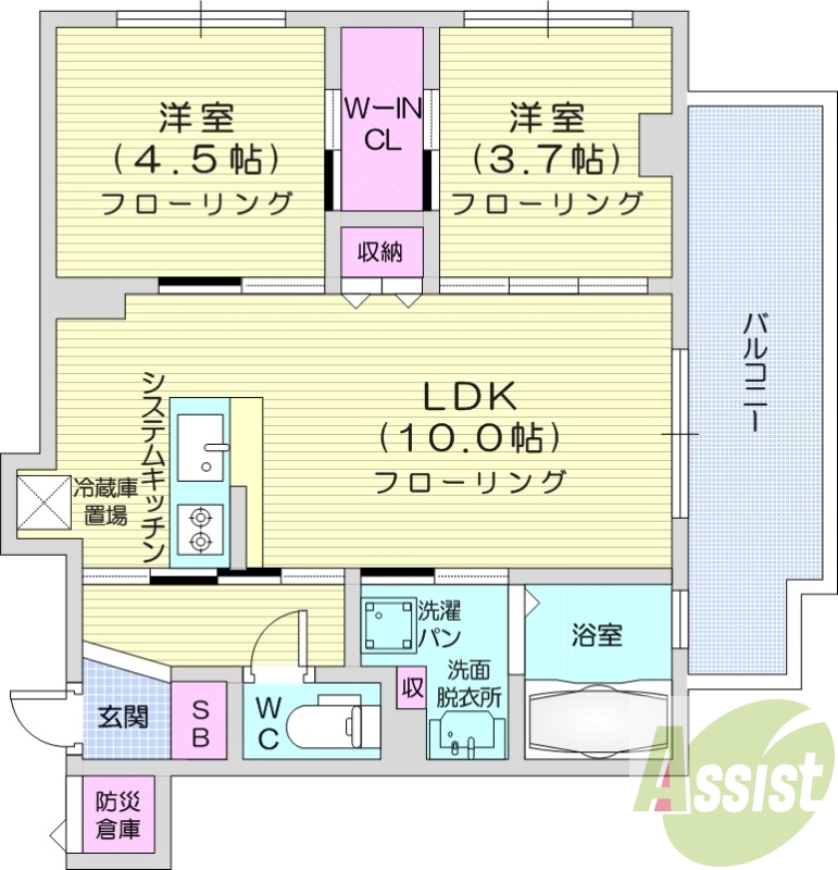 2LDK、ウォークインクローゼット、バルコニー、システムK