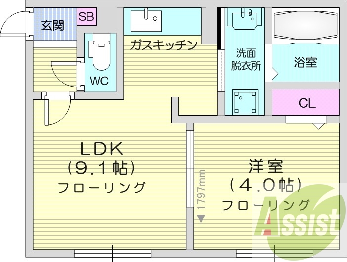 1LDK、オートロック、都市ガス、ネット使用料無料