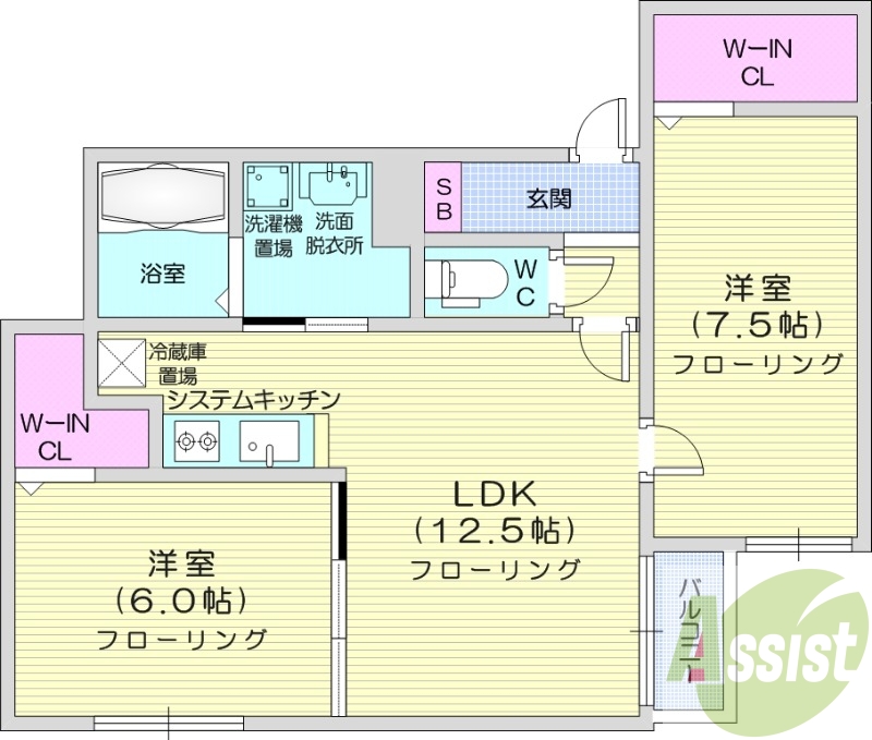 2LDK、エアコン、システムキッチン、ネット使用料不要