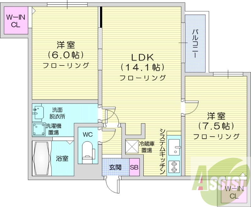 2LDK、エアコン、システムキッチン、ネット使用料不要