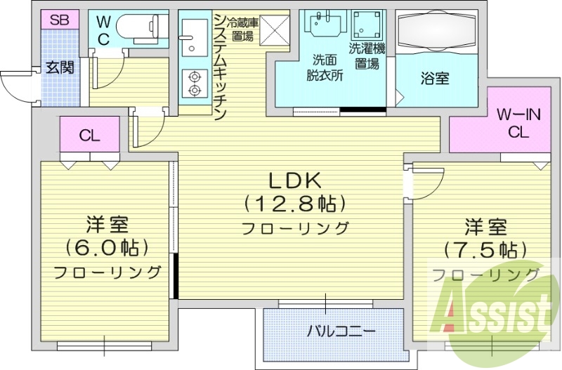 2LDK、エアコン、システムキッチン、ネット使用料不要