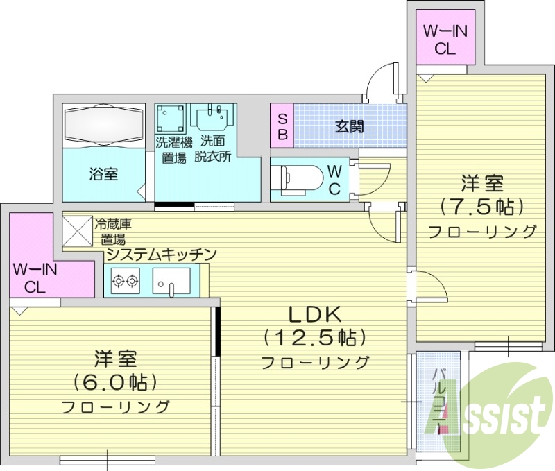 2LDK、エアコン、システムキッチン、ネット使用料不要