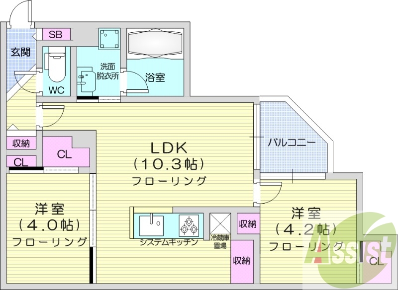 2LDK、エアコン、追い焚き、浴室乾燥機