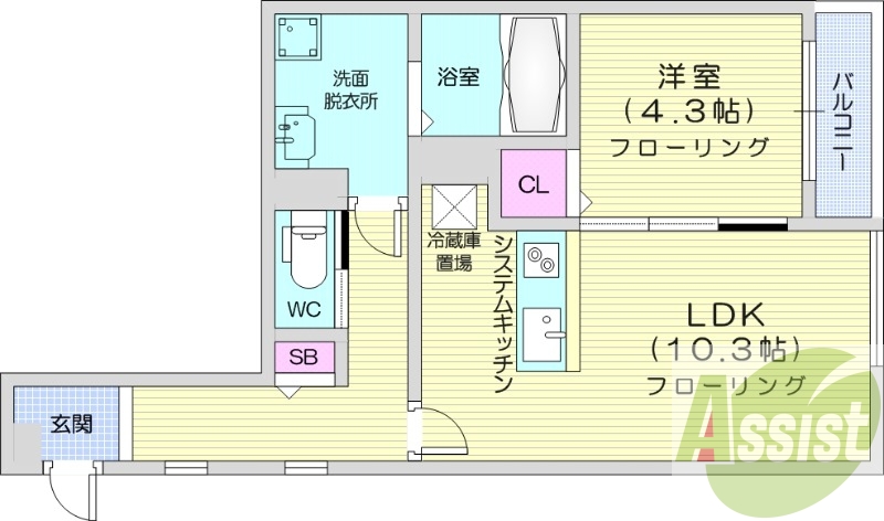 1LDK、都市ガス、エアコン、システムキッチン、追い焚き