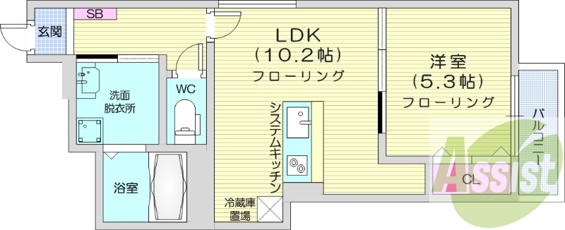 1LDK、都市ガス、エアコン、システムキッチン、追い焚き