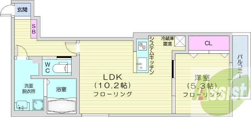 1LDK、都市ガス、エアコン、システムキッチン、追い焚き