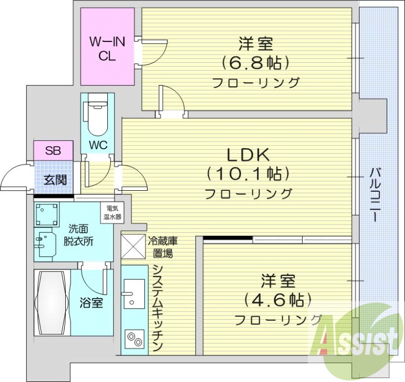 2LDK、バストイレ別、バルコニー、クローゼット、オール電化