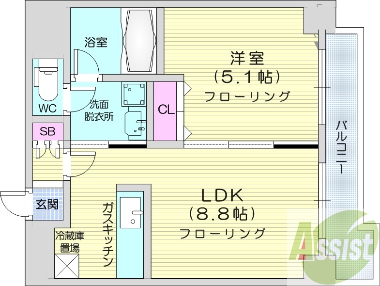 1LDK、バルコニー、オートロック、バストイレ別