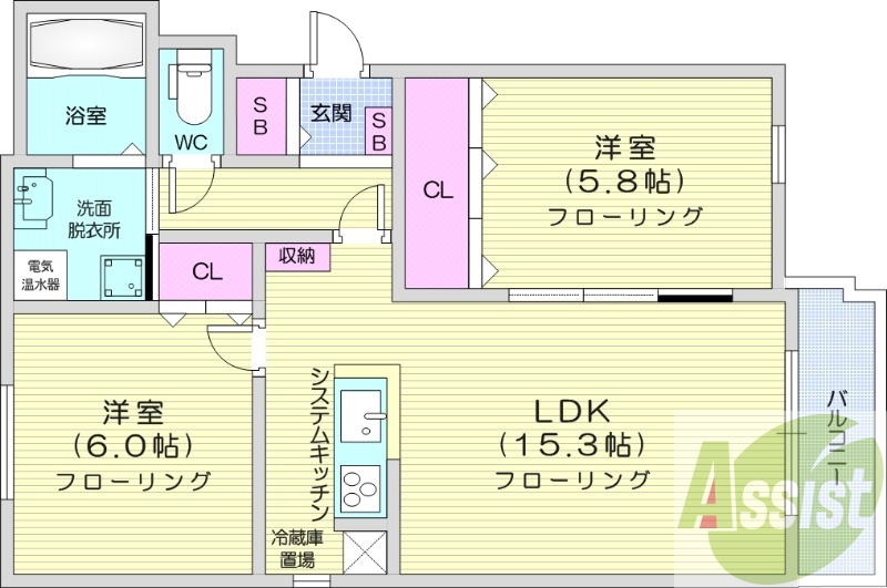 2LDK、エアコン、オール電化、システムキッチン