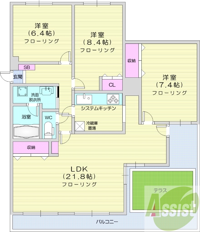 3LDK、都市ガス、システムキッチン、オートロック
