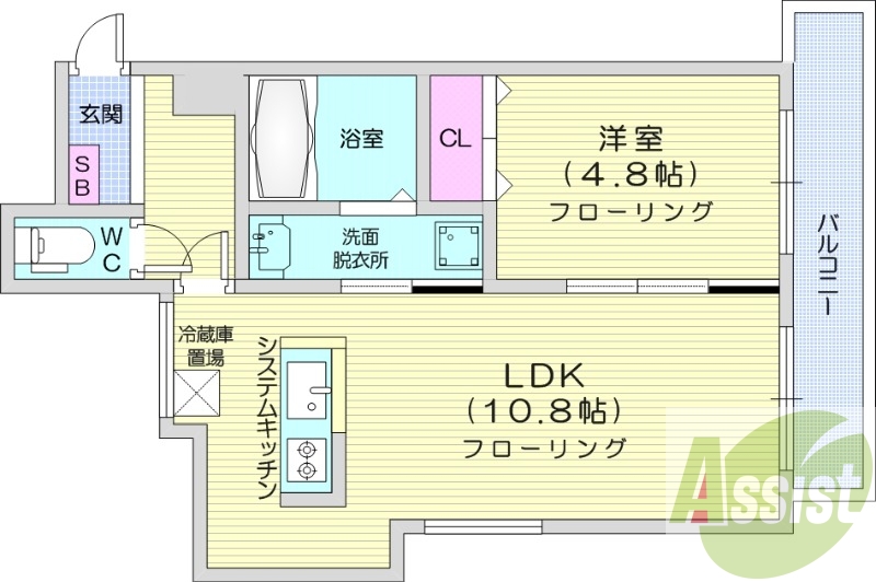 1LDK、エアコン、システムキッチン、インターネット無料