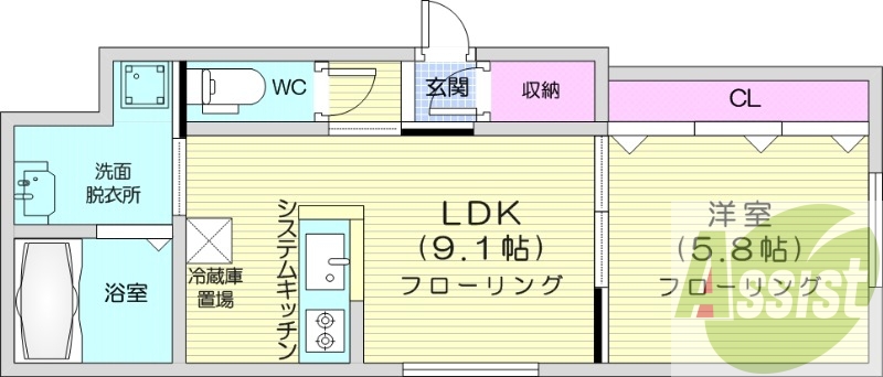 1LDK、都市ガス、エアコン、独立洗面台、システムキッチン
