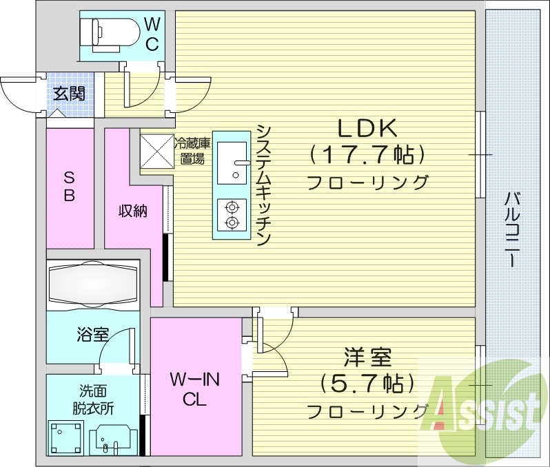 1LDK、都市ガス、エアコン、システムキッチン