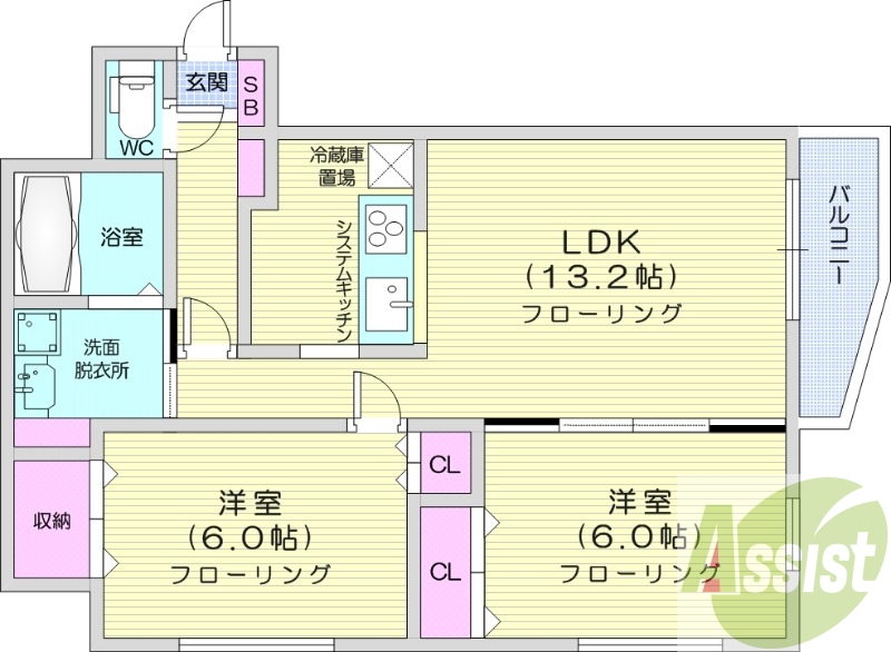 2LDK、インターネット無料、角部屋、システムキッチン