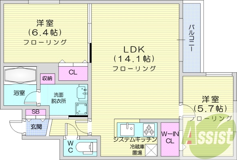 2LDK、エアコン、都市ガス、システムキッチン
