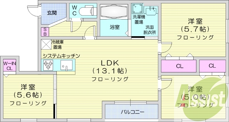 3LDK、都市ガス、エアコン、システムキッチン、追い焚き