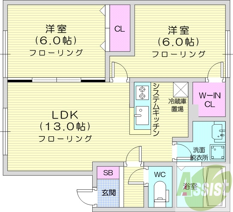 2LDK、灯油暖房、独立洗面台、ネット無料