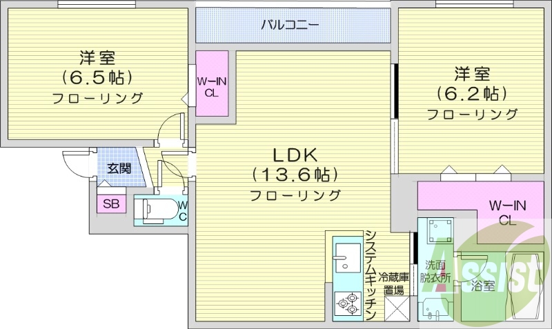 2LDK、エアコン、都市ガス、システムキッチン