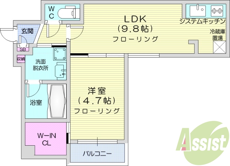 1LDK、エアコン、都市ガス、システムキッチン